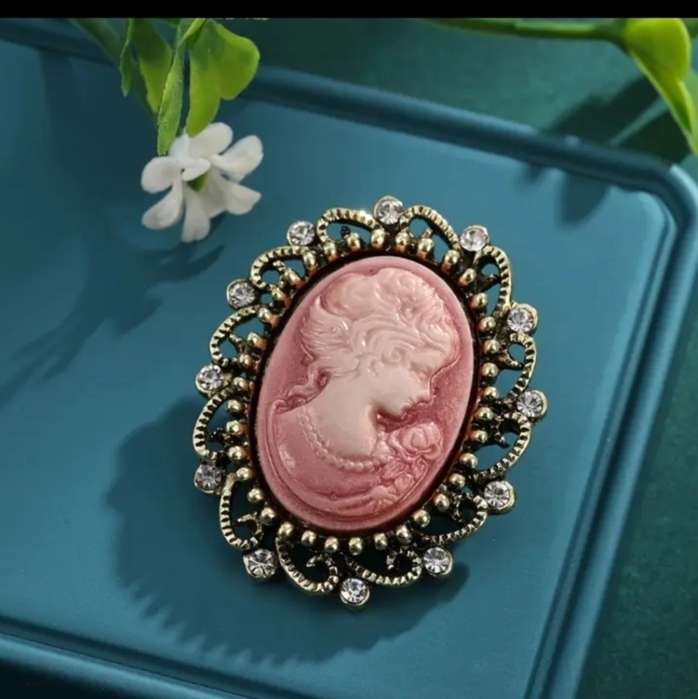 Vintage Antique Pink And Silver Cameo Brooch